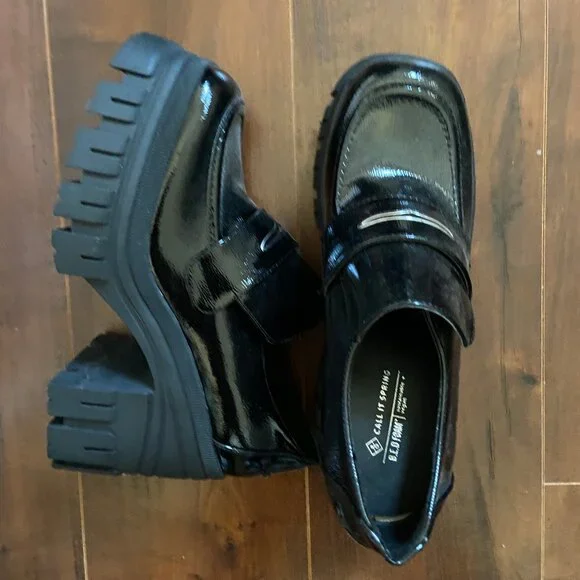 Call It Spring SEREENA High Heel Chunky Vegan Leather Loafers - Black - Picture 1 of 8